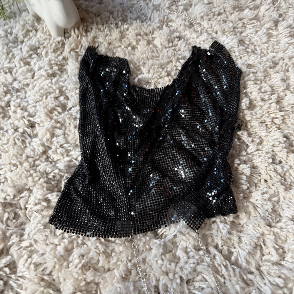 Glamorous going out party evening clubbing women’s Black Chainmail Tank Top - Picture 6 of 7